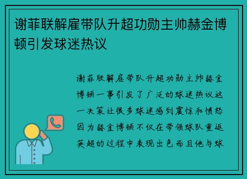 谢菲联解雇带队升超功勋主帅赫金博顿引发球迷热议